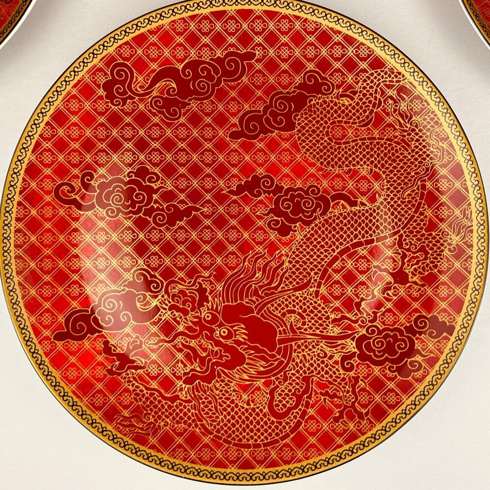 Williams Sonoma Lunar Dinner Plates SET OF 4 Dragon Red Gold 10 3/4" NEW